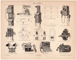 Telefon II., egy színű nyomat 1898, eredeti, régi, készülék, Ericson, Bell, állami szabvány, régi