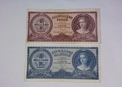 1 Milliárd Pengő Milpengő  1946-os   , 2 db , szép bankjegyek !