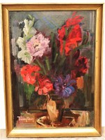 Freytag Zoltán (1901-1983) Virágcsendélet képcsarnokos olajfestménye 76x56cm EREDETI GARANCIÁVAL !!!