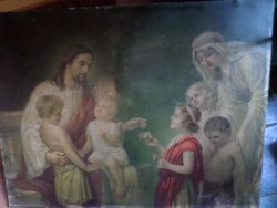 Nagyméretű 95 x 70 cm-es , régi nyomat . Jézus a gyerekekkel .