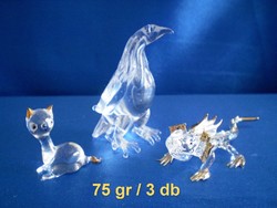 3 db pici üveg figura egyben: sas madár, aranyozott cica és gyík