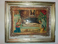 Antik  Ó osztrák német dombor nyomat Szentkép Jézus ravatalon keretben fali kép 53X43 cm