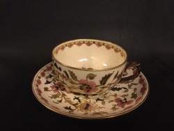 Zsolnay teás csésze tányérral, perzsa virágdekorral, aranyozással