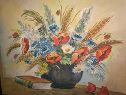 Pipacsos festmény a pipacstól, mezei csokor pipacs, búzavirág, kalász 