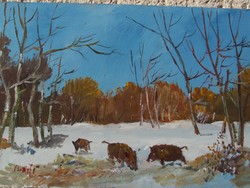 Bánfi - "Téli vadász jelenet!" - olaj festmény - tájkép