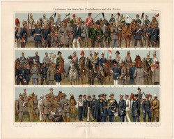 Uniformisok I., színes nyomat 1908, német nyelvű, litográfia, katona, uniformis, had, katonaság