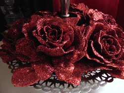 6 db piros csillámos csiptetős romantikus rózsa karácsonyfadísz 