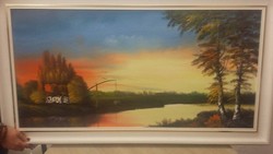 Bánkuti Gertrúd Hajnali tanya tájkép olajfestmény, festmény