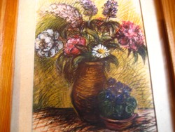 Rabkovács Éva. festőművész 1990 , szép virágrajza ( 1943 -         )  12,5 x 19 cm +keret