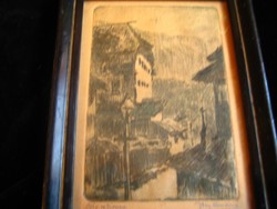 Grafika az 1800 as évek közepéről   ,  Alpesi tájjal  11 x 15 cm + ráma  , szignós