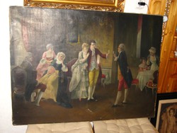 Festmény ,Barokk jelenet  , olaj vászon  100x73 cm   kisebb javítani valóval