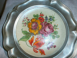Antik porcelán betétes ón fali tányér