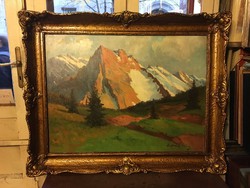 Zórád Géza 60x80 cm olaj, vászon festmény, blondel keretben " Alpesi táj"