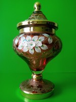 Antik Bohémia fedeles aranyozott plasztikus virágokkal díszített  üveg kehely bonbonier
