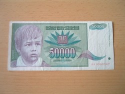 JUGOSZLÁVIA 50000 DINÁR 1992 AA, FIATAL FIÚ,RÓZSA