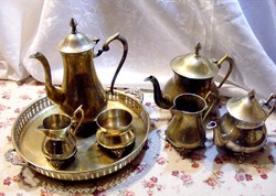 Különleges, antik 7 db-os angol teás, kávés készlet, forrócsokis kanna, tejkiöntő, cukortartó, tálca