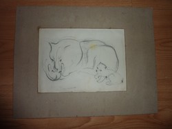 Gyenes putty: mother cat with her cubs, original graphite drawing, without markings