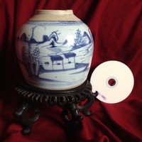 Kinai 200 éves porcelán kék fehér váza bödön kézzel festett hajó tenger edény doboz tároló fűszer