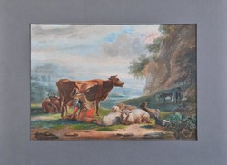 Ismeretlen festő: Parasztlány tehenet fej, gouache, 1859