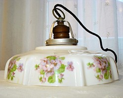 Antique, violet-patterned milk glass lampshade with socket