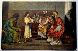 A gyermek Jézus beszédet tart a zsinagógában a rabbiknak / antik festménylap
