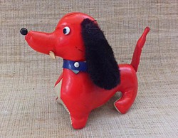Retro red and white leather handmade dachshund dog with mohair ears and glass eyes