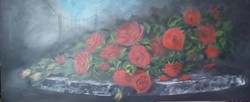 Piros rózsák a kerti asztalon c.  festmény,  csendélet
