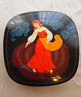 Russian, hand-painted, enameled metal box