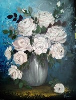 Virágok szürke vázában c.  festmény, csendélet