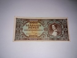 Százezer Pengő 1945-ös eltolódott hátlapi nyomat, szép bankjegy !!