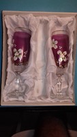 Kézzel festett csodaszép plasztikus virágos pezsgős pohár pár