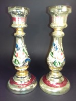 Antik szakított foncsorozott festett üveg gyertyatartó pár