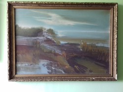 HORGÁSZ 92 cm x 66,5 cm Darabont Tamás - Horgásztanya - olaj / farost festmény