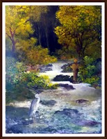Fly fishing by the stream - oil on canvas, 61 x 46