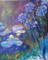 Vizililiomok és szerelemvirág c. festmény C. Monet nyomán -Water lilies and agapanthus after C.Monet