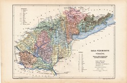 Zala vármegye térkép 1904, megye, Nagy - Magyarország, eredeti, Kogutowicz Manó, atlasz