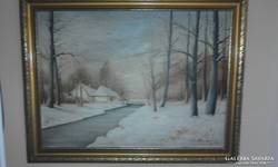 Berzavay J szignóval : Téli patakpart festmény.