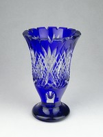 0R388 Kék csiszolt üveg kristály váza 15.5 cm