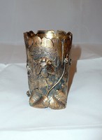 Antik bronz asztali tolltartó bogár és levél díszítéssel