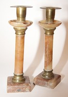 Candle Holder Pair with Marble and Fire-Gilded Copper Decorations