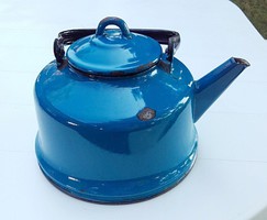 Retro, kék, régi, zománcozott teafőző, teáskanna,kanna, fekete fém fogóval