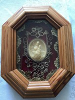 Álomszép régi szentkép Mária Kis Jézussal körbe filigrám fém díszitéssel.