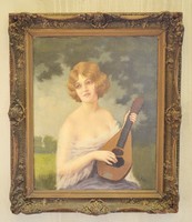 Czene Béla Lány mandolinnal szecessziós olaj festmény