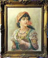  Lány csörgődobbal, azonnal falra helyezhető gyönyörű olajportré, 61 x 51 cm