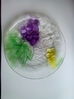 Üveg dísztál tál szépséges színes szőlő mintával hangulatos asztaldísz 33 cm kínáló
