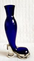 Kék üveg csizma virágtartó váza