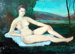 Czene Béla 1961 -es műve Női akt tájban. A művész átmeneti korszakából.70 x 100