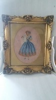 Antique baroque lady and gentleman micro tapestry in a beautiful blondel frame, pair