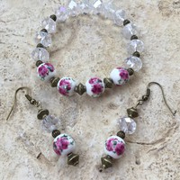 Rose-patterned porcelain pearl vintage jewelry: bracelet and earrings
