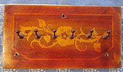 Antique inlaid wood, wall key holder, with copper hooks